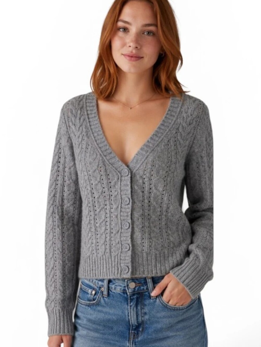 American Eagle Gray Cable Knit Cropped Cardigan Sweater Medium